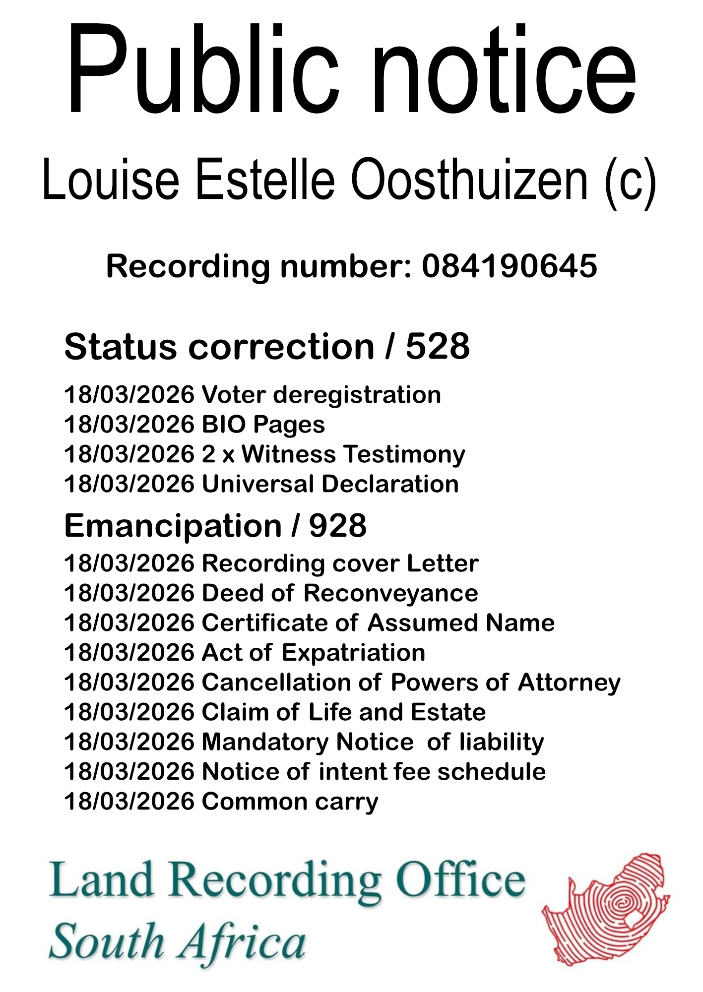 Public notice Louise Estelle Oosthuizen (c) Recording number 084190645